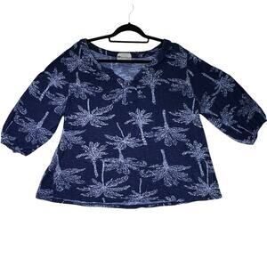 Palm Harbour Woman Knit V Neck Top Blue White Palm Trees 3/4 Sleeve Plus Size 2X